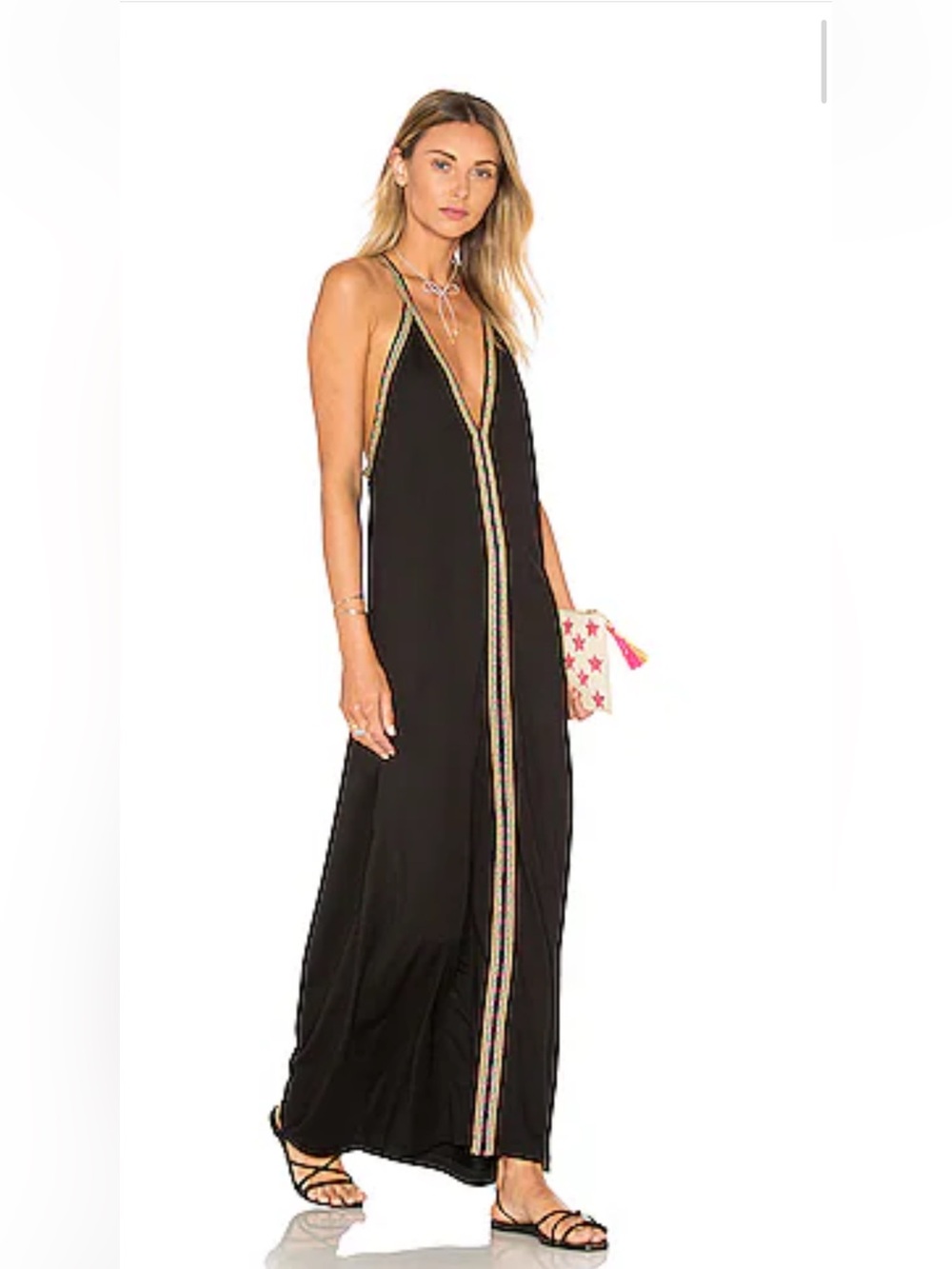 NWT Revolve Pitusa Black Backless V-Neck Pima Cotton Maxi Dress Contrast Trim L